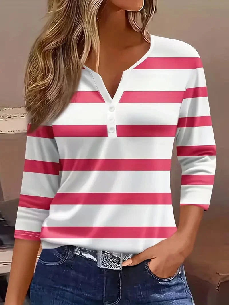 Dakota Casual V-Neck T-Shirt with Striped Print